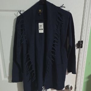 JM Collection Navy Cardigan with Fringe Detail